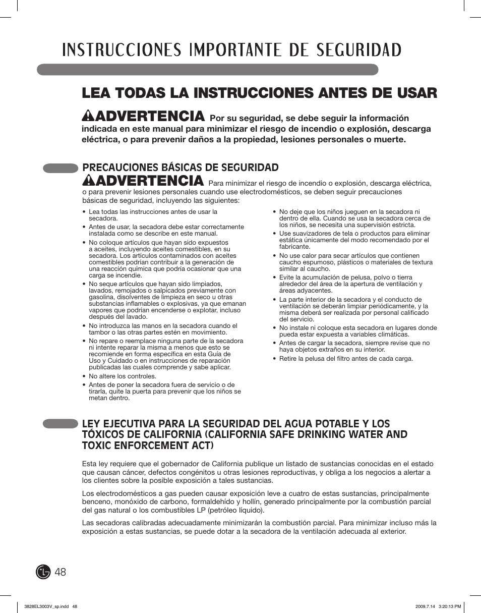 Wadvertencia, Precauciones básicas de seguridad | LG DLGX2502W User Manual | Page 48 / 134