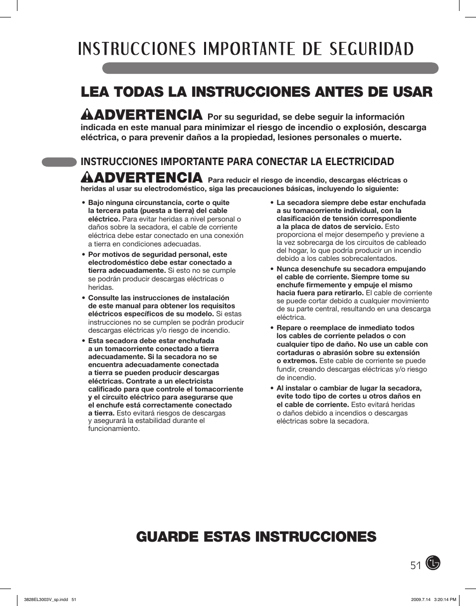 Guarde estas instrucciones, Wadvertencia | LG DLGX2502W User Manual | Page 51 / 134