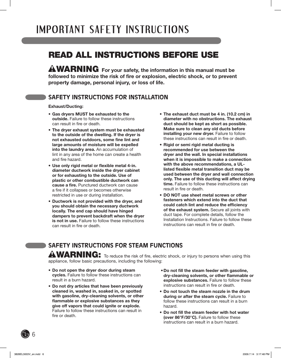 Read all instructions before use, Wwarning, Safety instructions for installation | Safety instructions for steam functions | LG DLGX2502W User Manual | Page 6 / 134