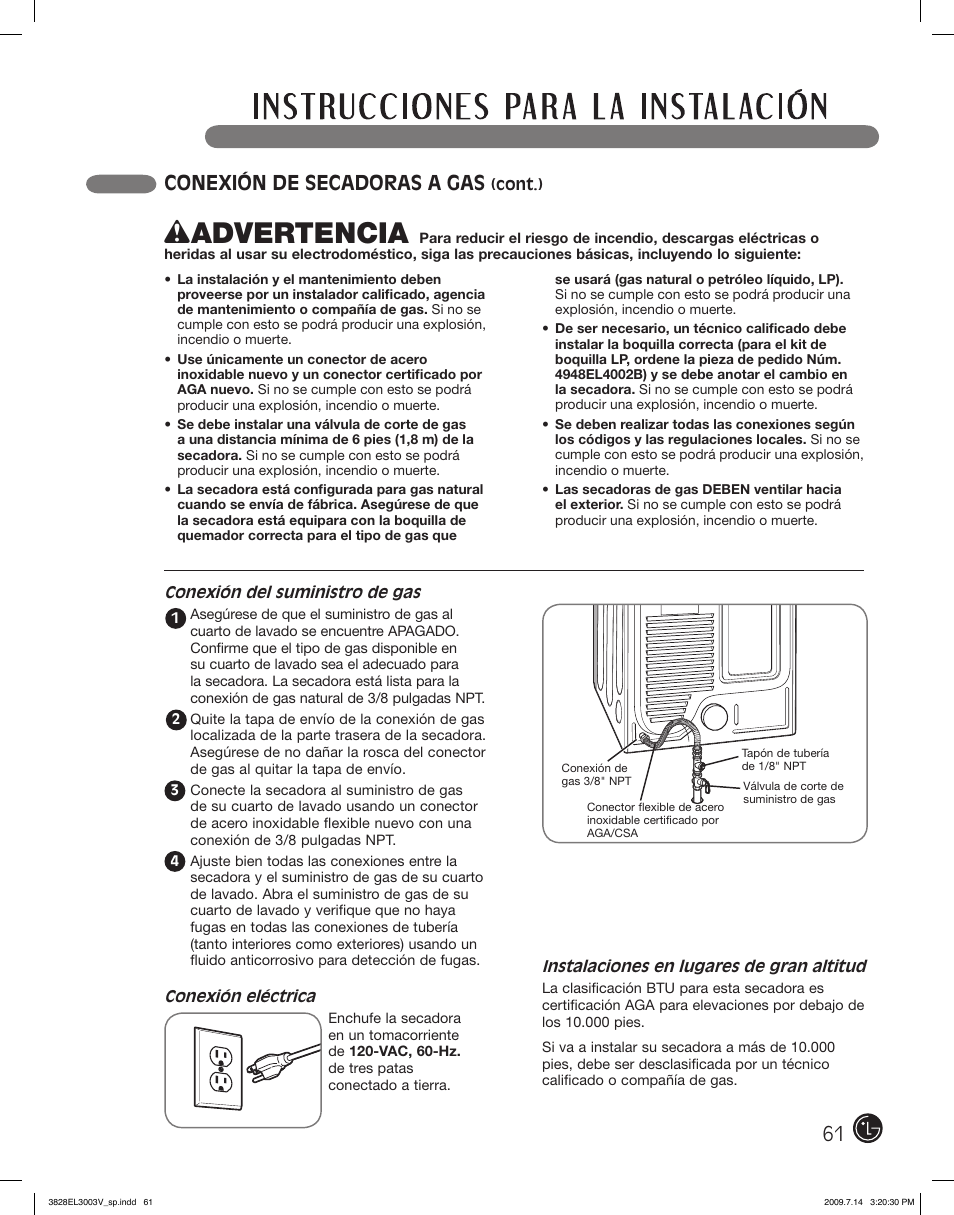 Wadvertencia, Conexión de secadoras a gas | LG DLGX2502W User Manual | Page 61 / 134