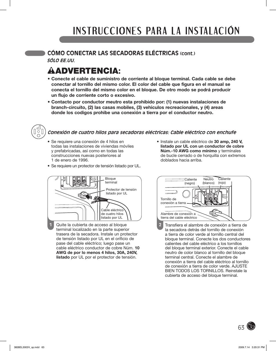 Wadvertencia, Cómo conectar las secadoras eléctricas | LG DLGX2502W User Manual | Page 63 / 134