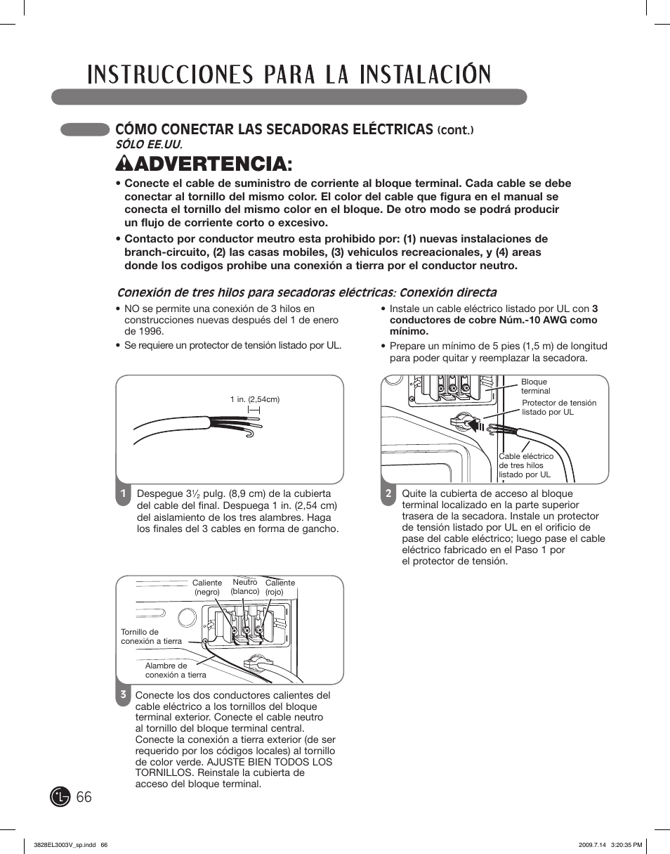 Wadvertencia, Cómo conectar las secadoras eléctricas | LG DLGX2502W User Manual | Page 66 / 134
