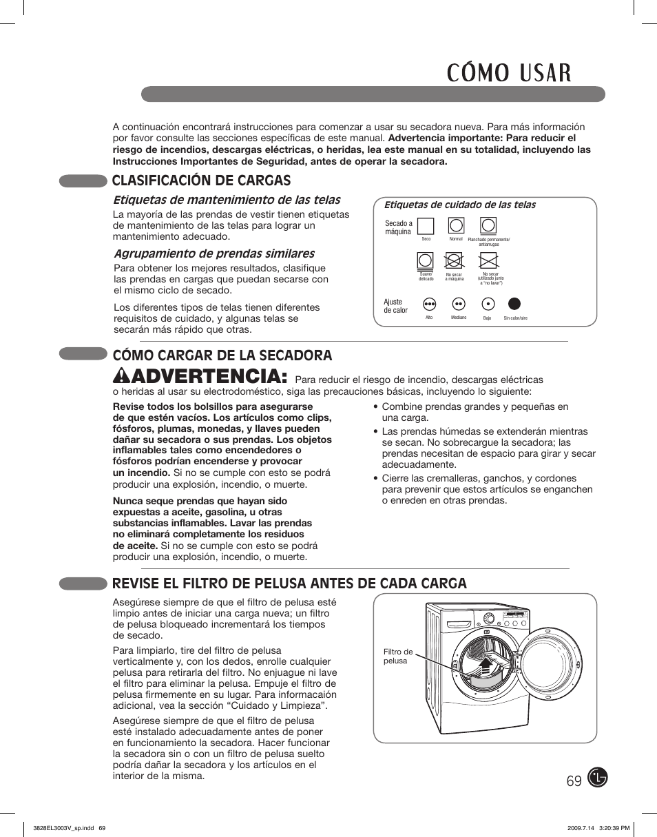 Wadvertencia, Cómo cargar de la secadora, Clasificación de cargas | Revise el filtro de pelusa antes de cada carga | LG DLGX2502W User Manual | Page 69 / 134