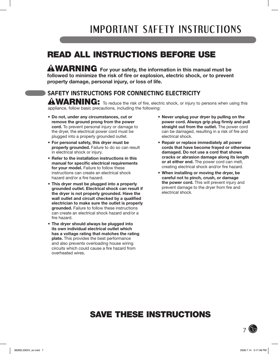 Save these instructions w warning, Read all instructions before use w warning, 7safety instructions for connecting electricity | LG DLGX2502W User Manual | Page 7 / 134