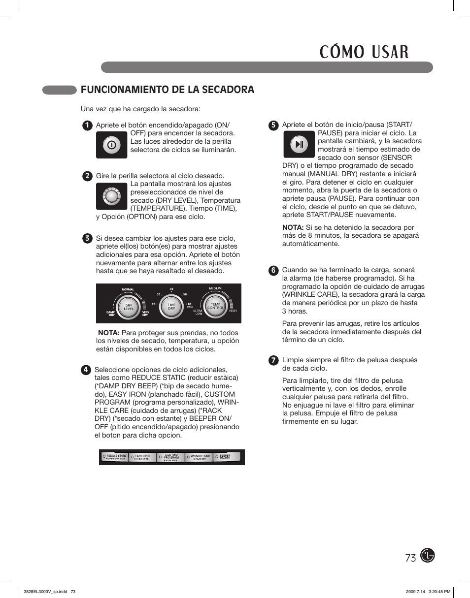 Funcionamiento de la secadora | LG DLGX2502W User Manual | Page 73 / 134
