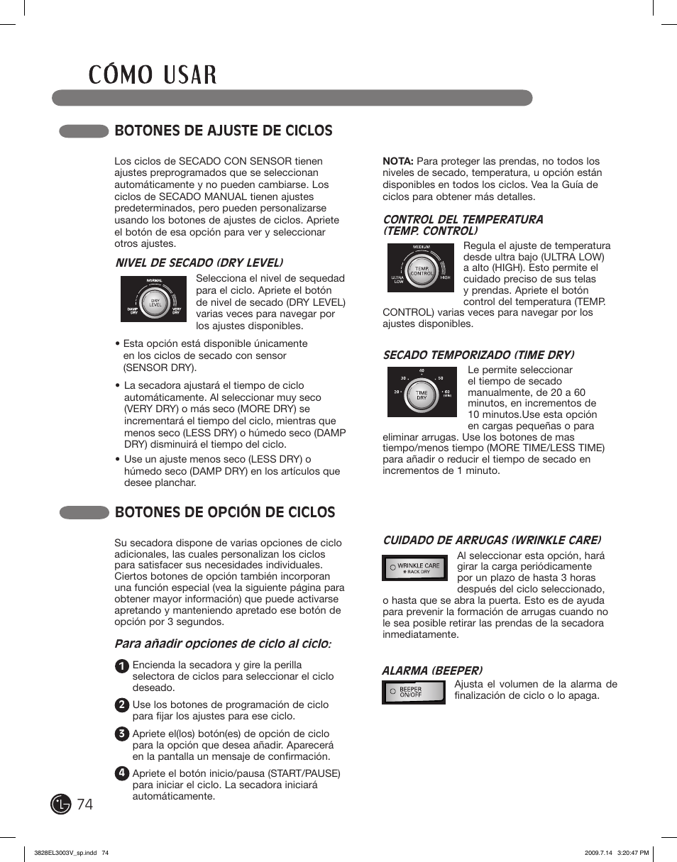 Botones de ajuste de ciclos, Botones de opción de ciclos | LG DLGX2502W User Manual | Page 74 / 134