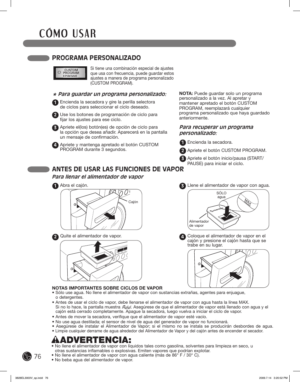 Wadvertencia, Programa personalizado, Antes de usar las funciones de vapor | LG DLGX2502W User Manual | Page 76 / 134