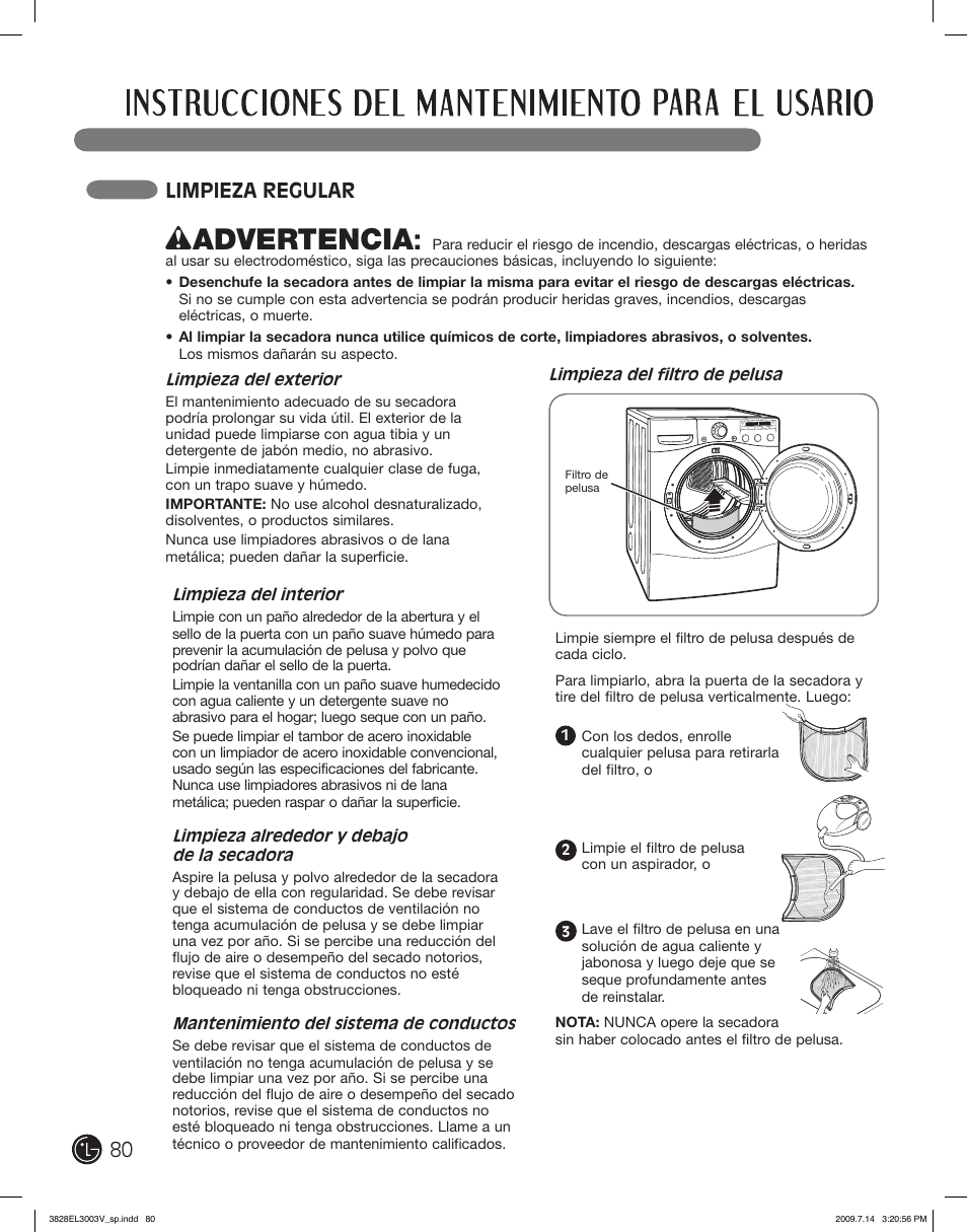 Wadvertencia, Limpieza regular | LG DLGX2502W User Manual | Page 80 / 134