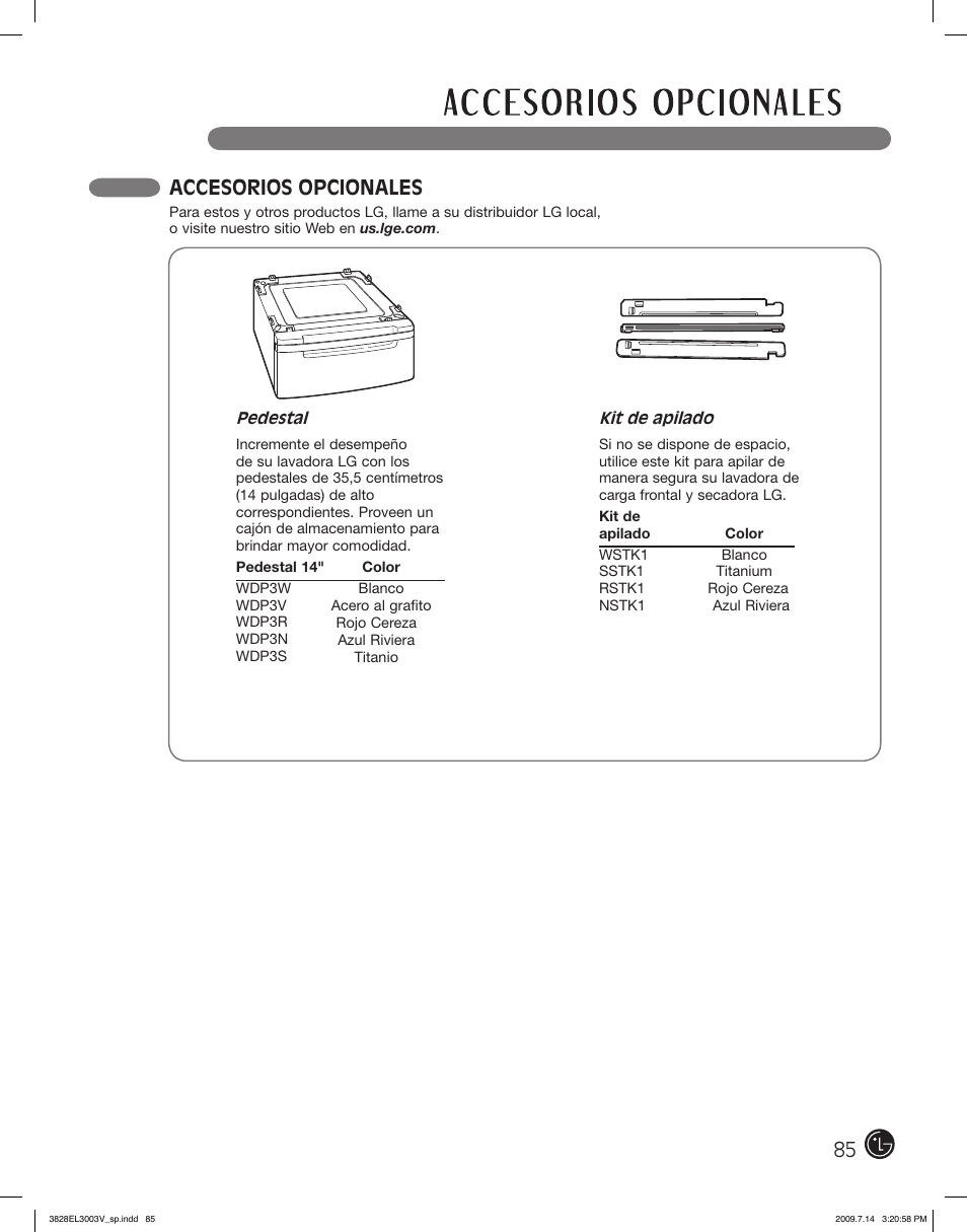 Accesorios opcionales | LG DLGX2502W User Manual | Page 85 / 134