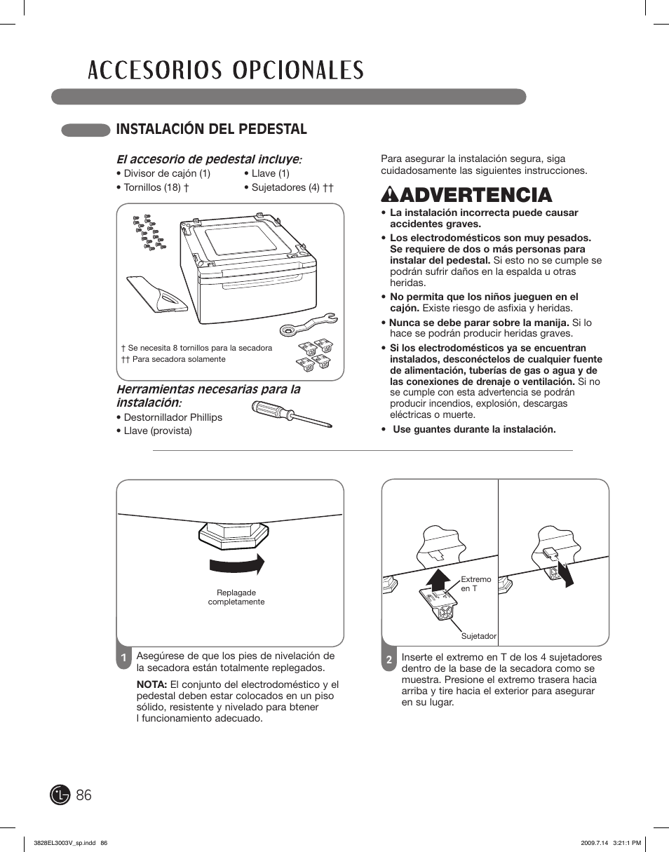 Wadvertencia, Instalación del pedestal | LG DLGX2502W User Manual | Page 86 / 134