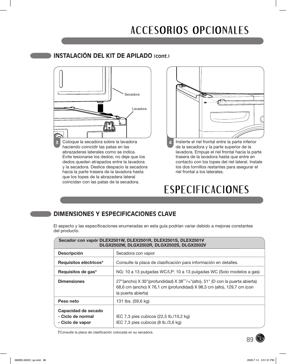 Instalación del kit de apilado, Dimensiones y especificaciones clave | LG DLGX2502W User Manual | Page 89 / 134
