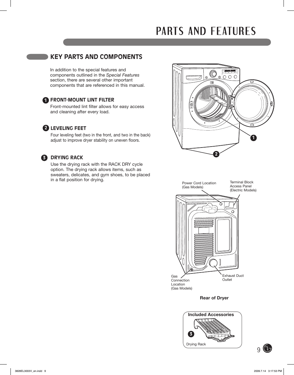 Key parts and components | LG DLGX2502W User Manual | Page 9 / 134