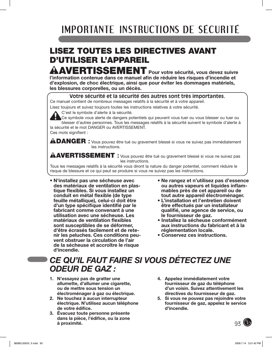 Wavertissement, Wdanger | LG DLGX2502W User Manual | Page 93 / 134