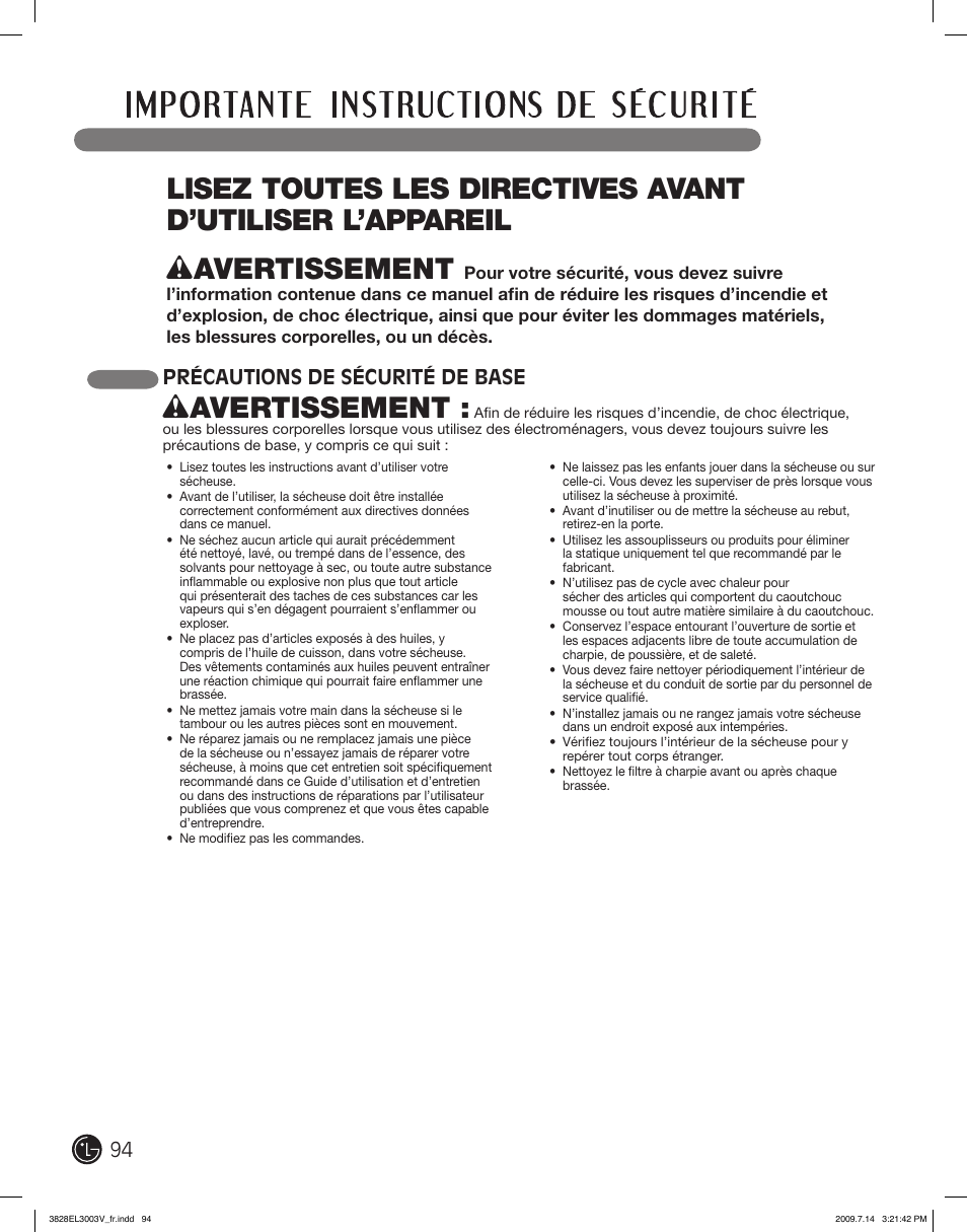 Wavertissement, Précautions de sécurité de base | LG DLGX2502W User Manual | Page 94 / 134