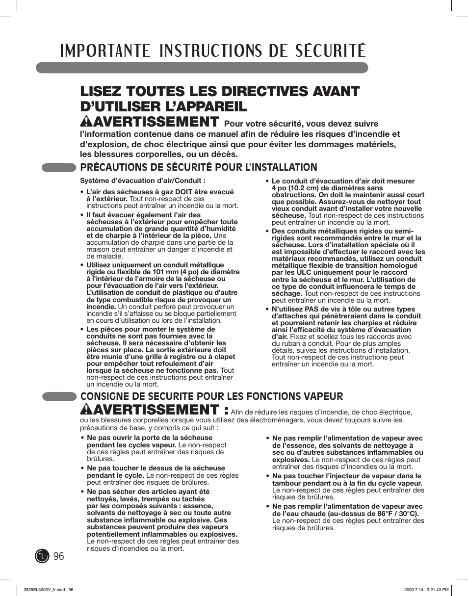 Wavertissement, Précautions de sécurité pour l’installation, Consigne de securite pour les fonctions vapeur | LG DLGX2502W User Manual | Page 96 / 134