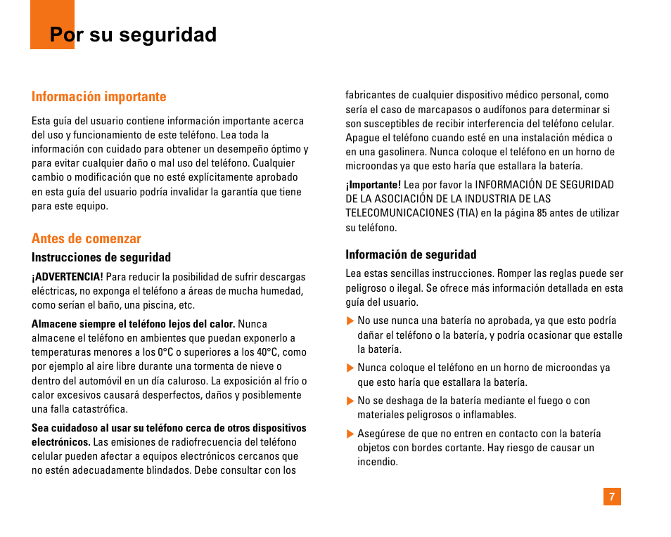 Por su seguridad, Información importante, Antes de comenzar | LG CU320 User Manual | Page 109 / 206