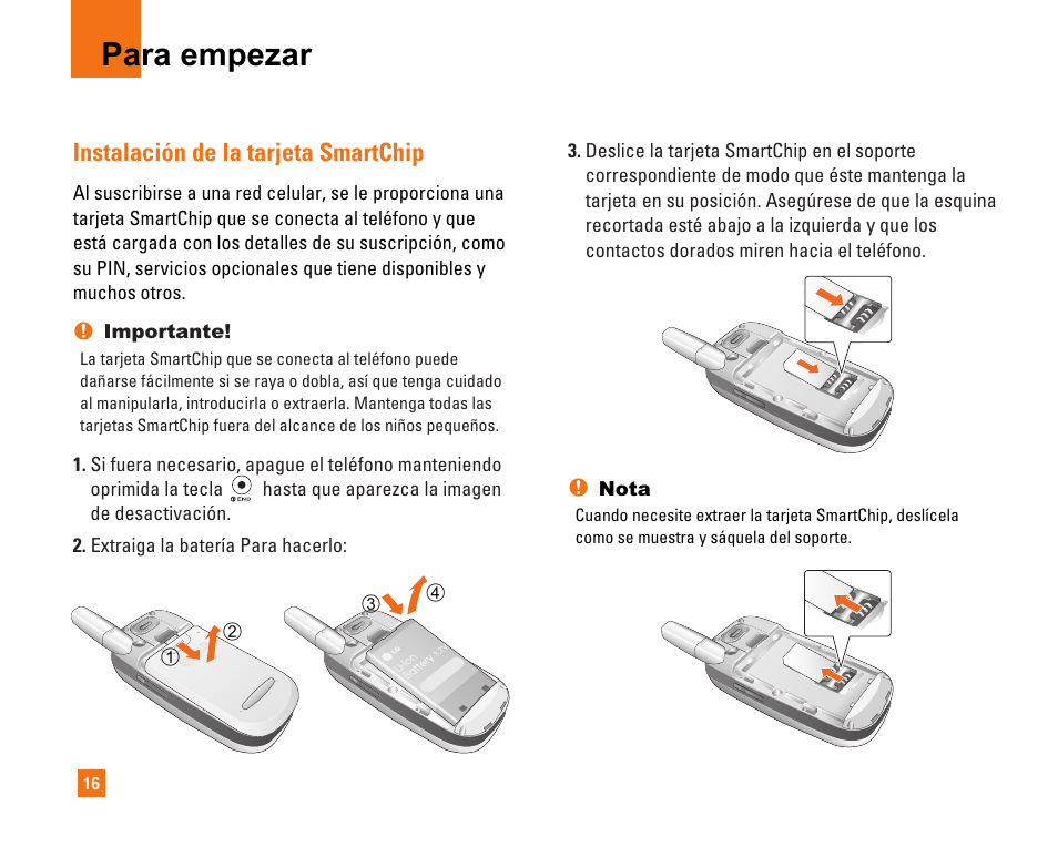 Para empezar, Instalación de la tarjeta smartchip | LG CU320 User Manual | Page 118 / 206