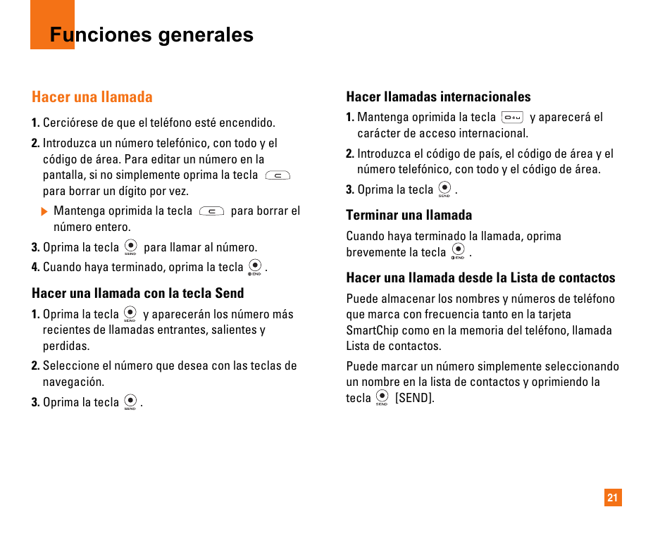 Funciones generales, Hacer una llamada | LG CU320 User Manual | Page 123 / 206