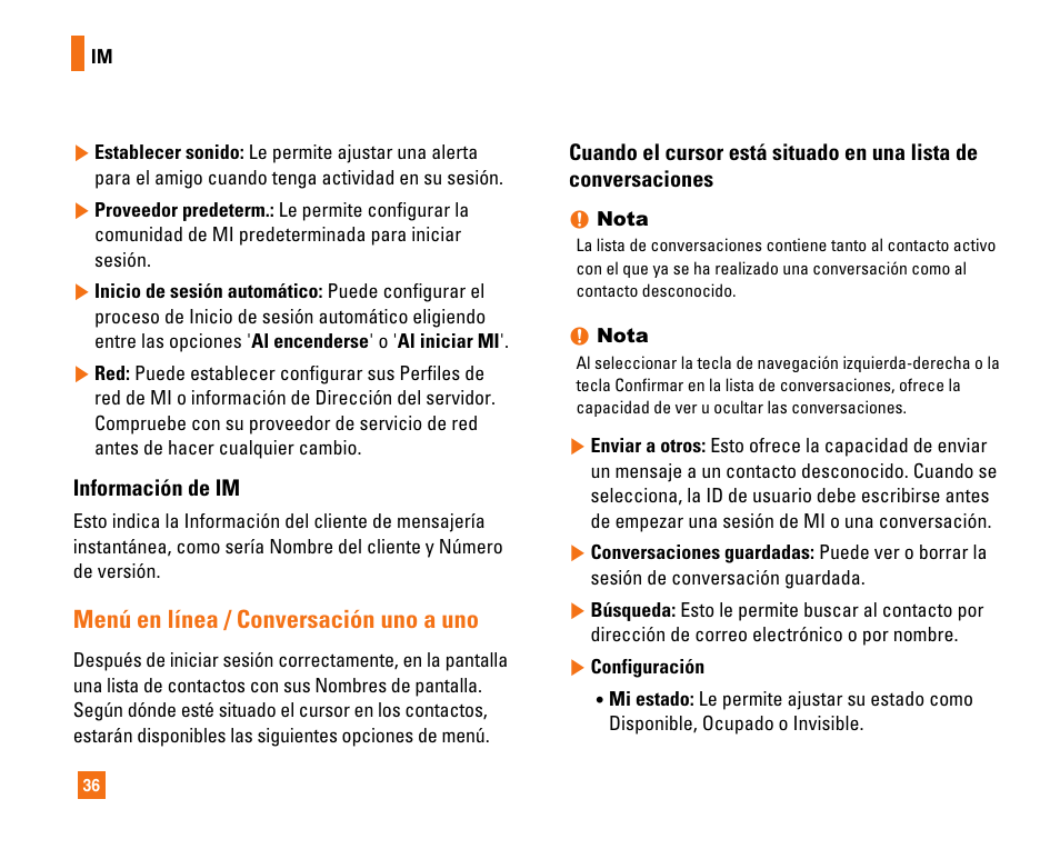 Menú en línea / conversación uno a uno | LG CU320 User Manual | Page 138 / 206