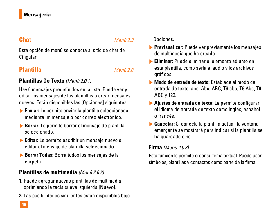 Chat, Plantilla | LG CU320 User Manual | Page 150 / 206