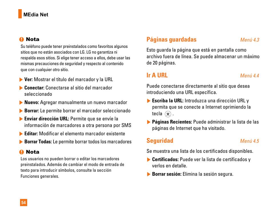 Páginas guardadas, Ir a url, Seguridad | LG CU320 User Manual | Page 156 / 206