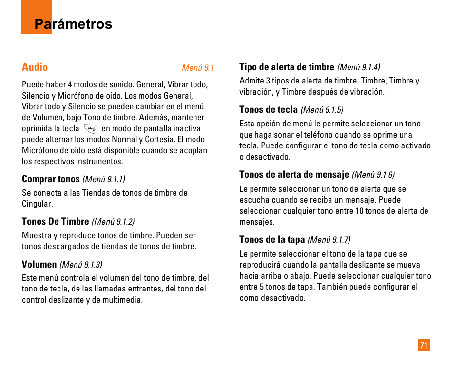 Parámetros, Audio | LG CU320 User Manual | Page 173 / 206