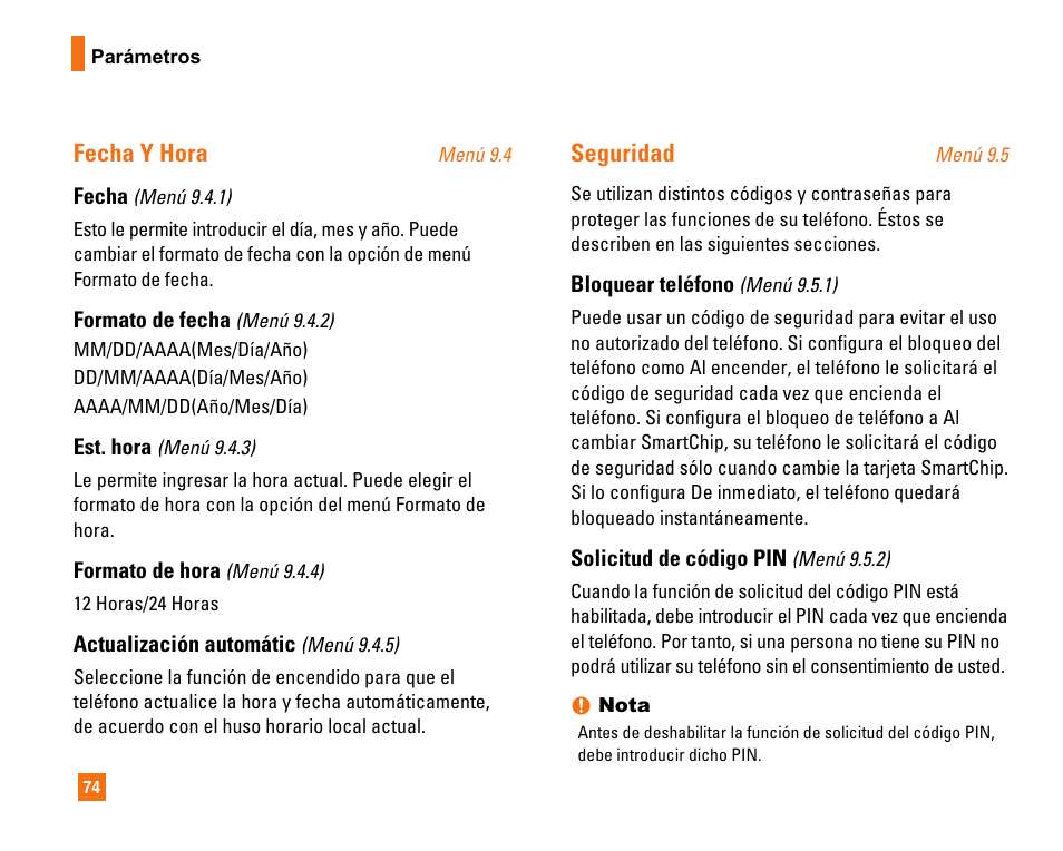 Fecha y hora, Seguridad | LG CU320 User Manual | Page 176 / 206
