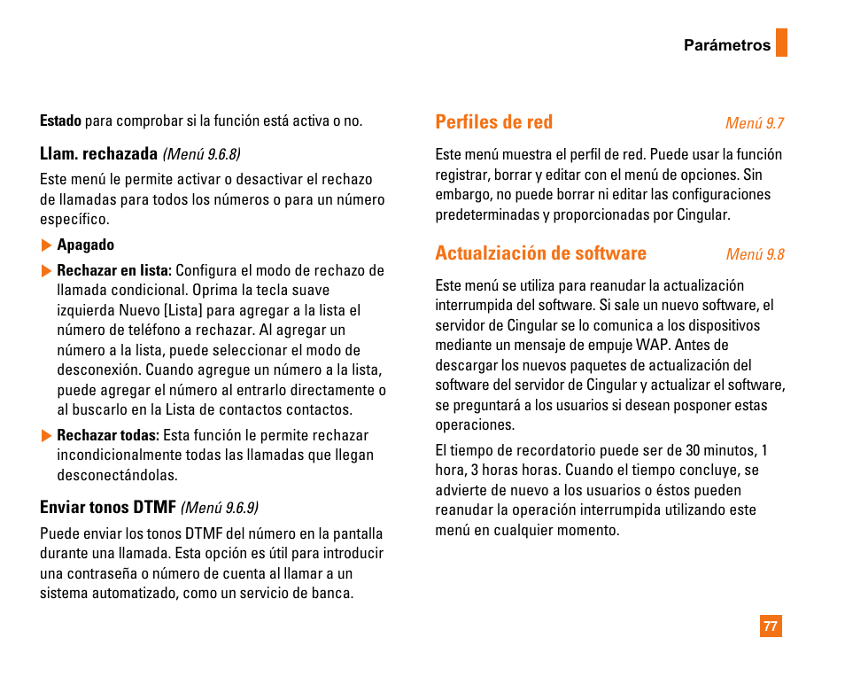 Perfiles de red, Actualziación de software | LG CU320 User Manual | Page 179 / 206