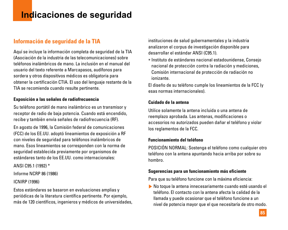 Indicaciones de seguridad, Información de seguridad de la tia | LG CU320 User Manual | Page 187 / 206