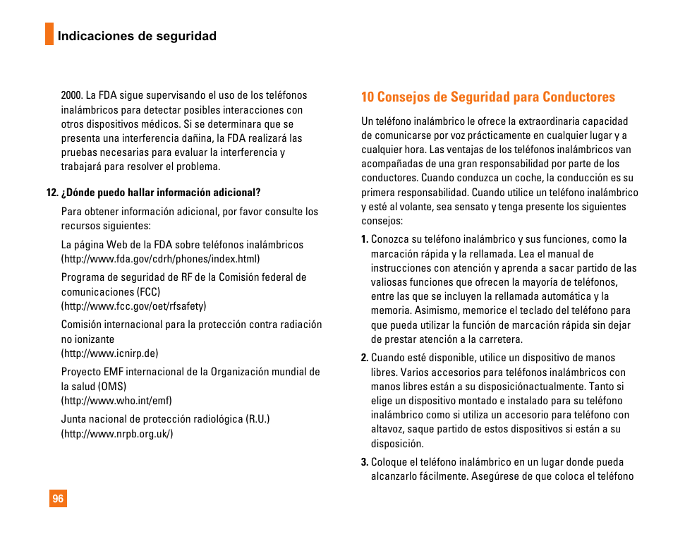 10 consejos de seguridad para conductores | LG CU320 User Manual | Page 198 / 206