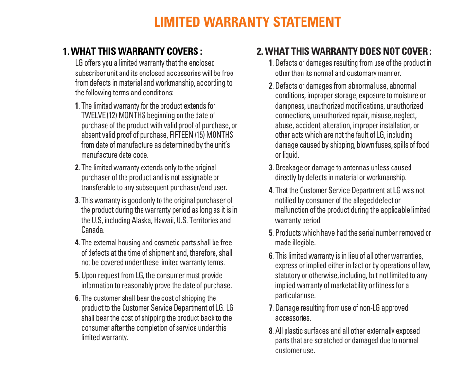 Limited warranty statement | LG CU320 User Manual | Page 3 / 206