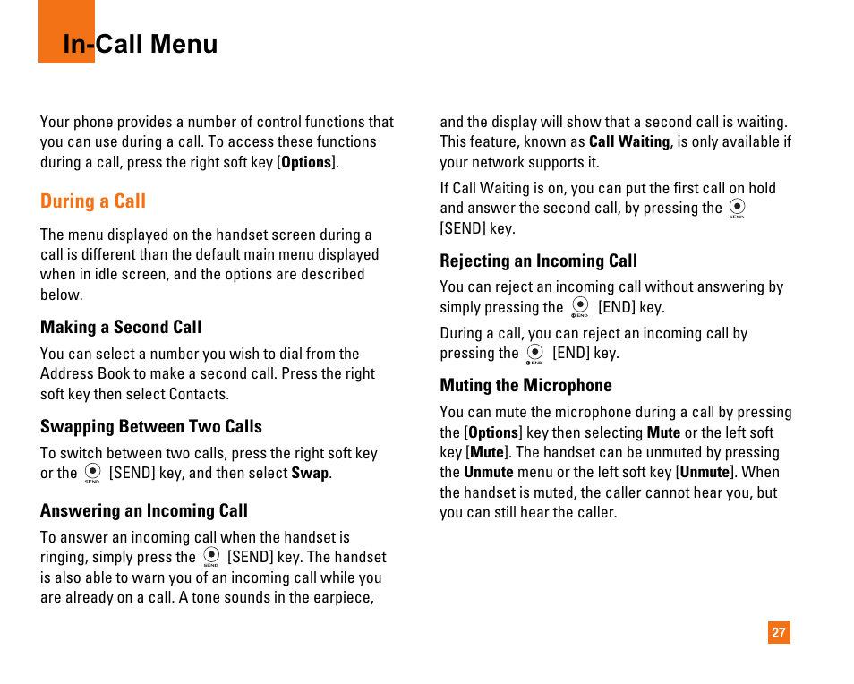 In-call menu, During a call | LG CU320 User Manual | Page 31 / 206