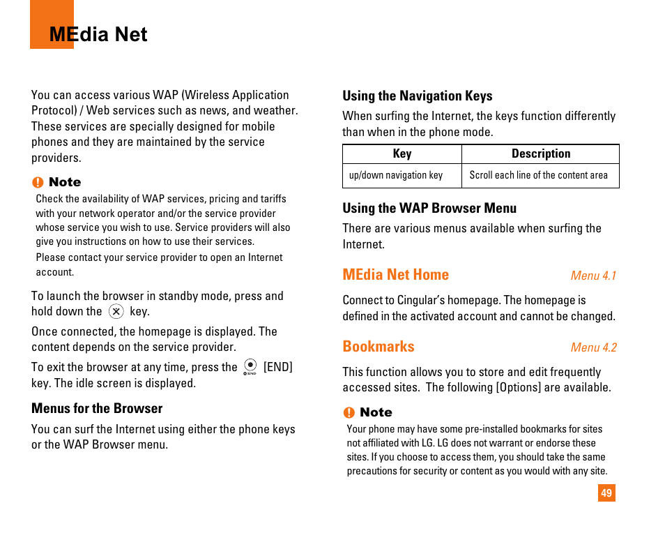 Media net, Media net home, Bookmarks | LG CU320 User Manual | Page 53 / 206