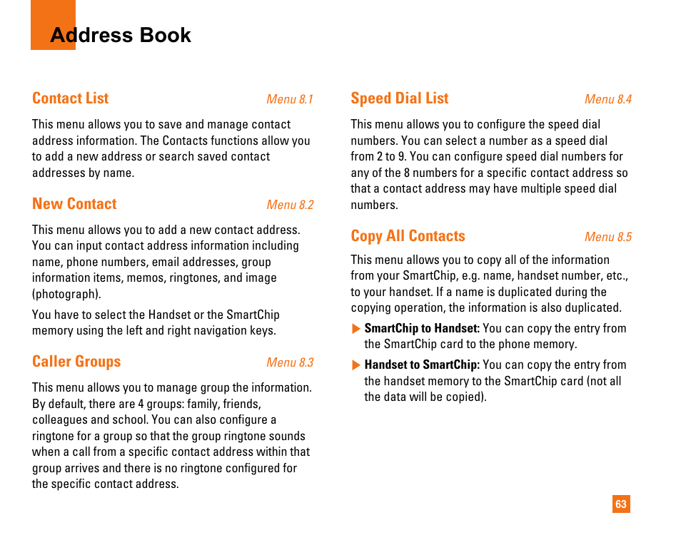 Address book | LG CU320 User Manual | Page 67 / 206