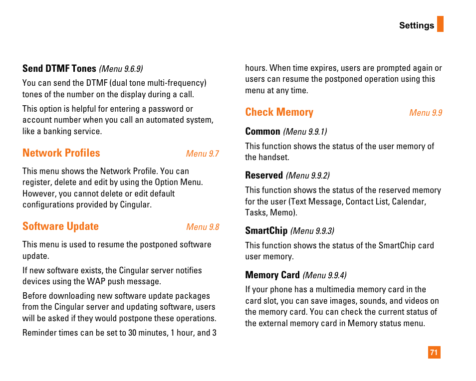 Network profiles, Software update | LG CU320 User Manual | Page 75 / 206