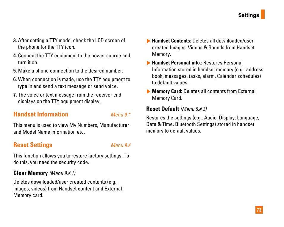 Handset information, Reset settings | LG CU320 User Manual | Page 77 / 206