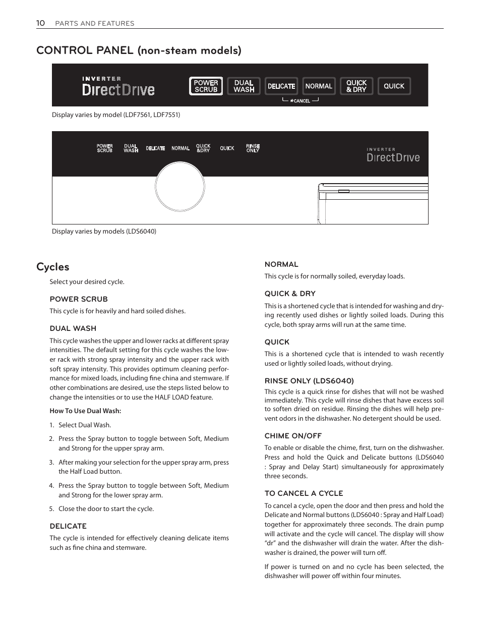 Control panel (non-steam models) cycles | LG LDS5774ST User Manual | Page 10 / 104