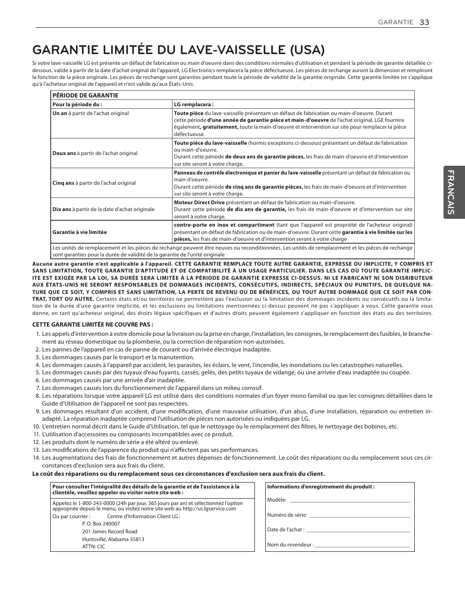 Garantie limitée du lave-vaisselle (usa), Francais | LG LDS5774ST User Manual | Page 101 / 104