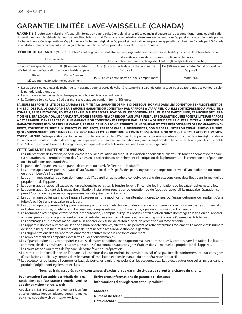 Garantie limitée lave-vaisselle (canada) | LG LDS5774ST User Manual | Page 102 / 104