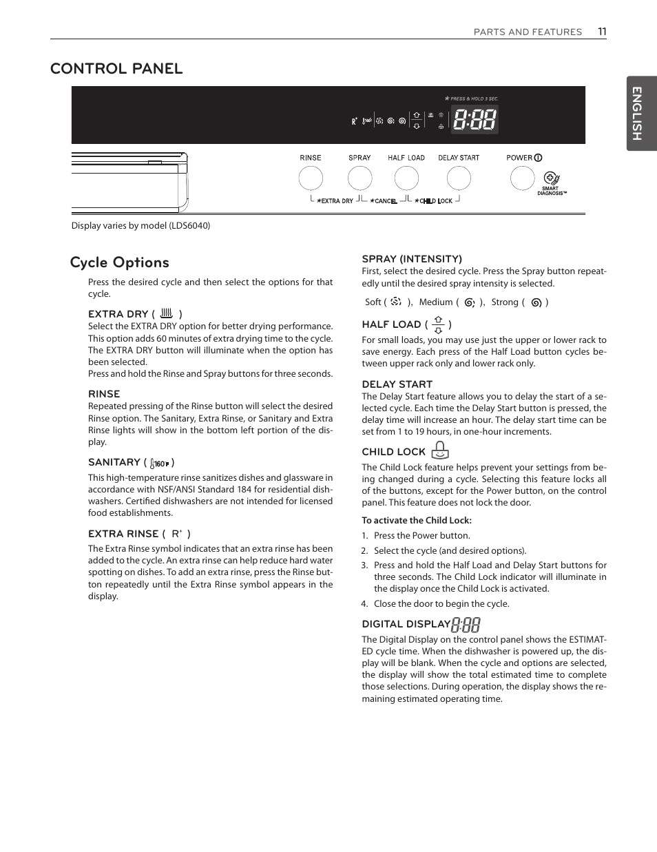 Control panel, Cycle options | LG LDS5774ST User Manual | Page 11 / 104