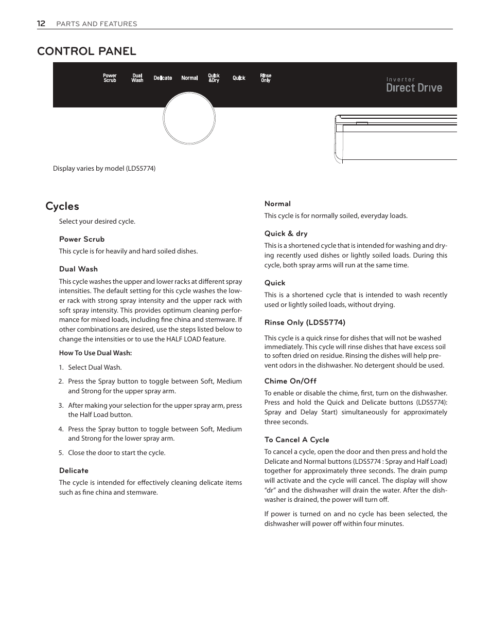 Control panel, Cycles | LG LDS5774ST User Manual | Page 12 / 104