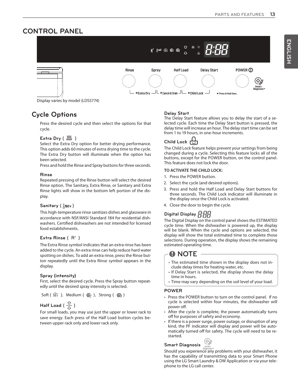 Control panel, Cycle options | LG LDS5774ST User Manual | Page 13 / 104