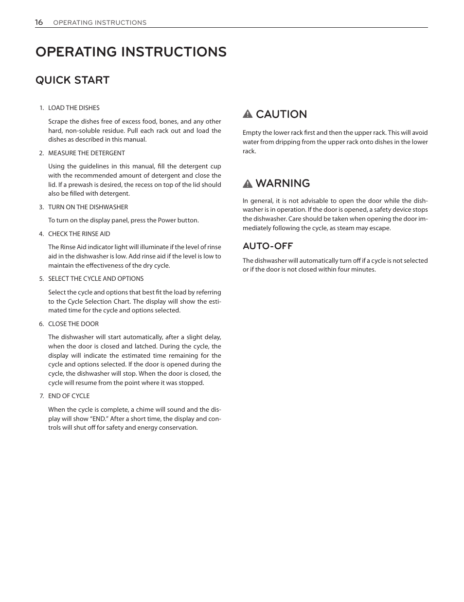 Operating instructions, Quick start, Caution | Warning, Auto-off | LG LDS5774ST User Manual | Page 16 / 104