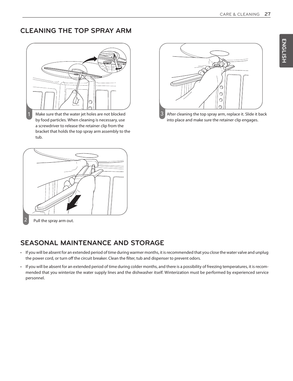 Cleaning the top spray arm, Seasonal maintenance and storage | LG LDS5774ST User Manual | Page 27 / 104