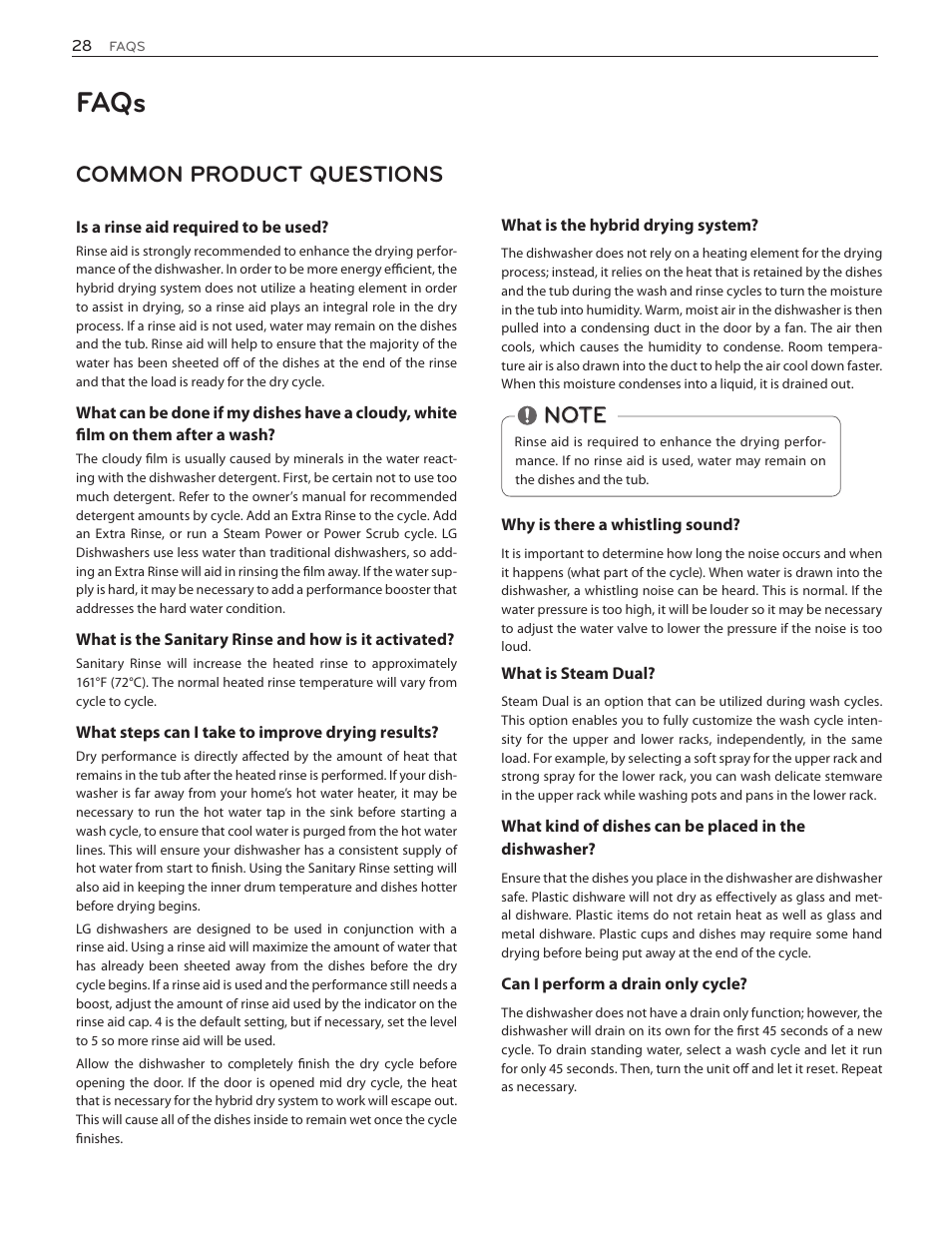 Faqs, Common product questions | LG LDS5774ST User Manual | Page 28 / 104