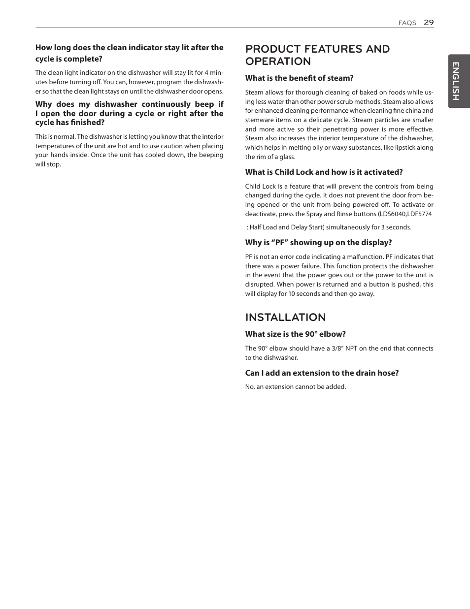 Product features and operation, Installation | LG LDS5774ST User Manual | Page 29 / 104