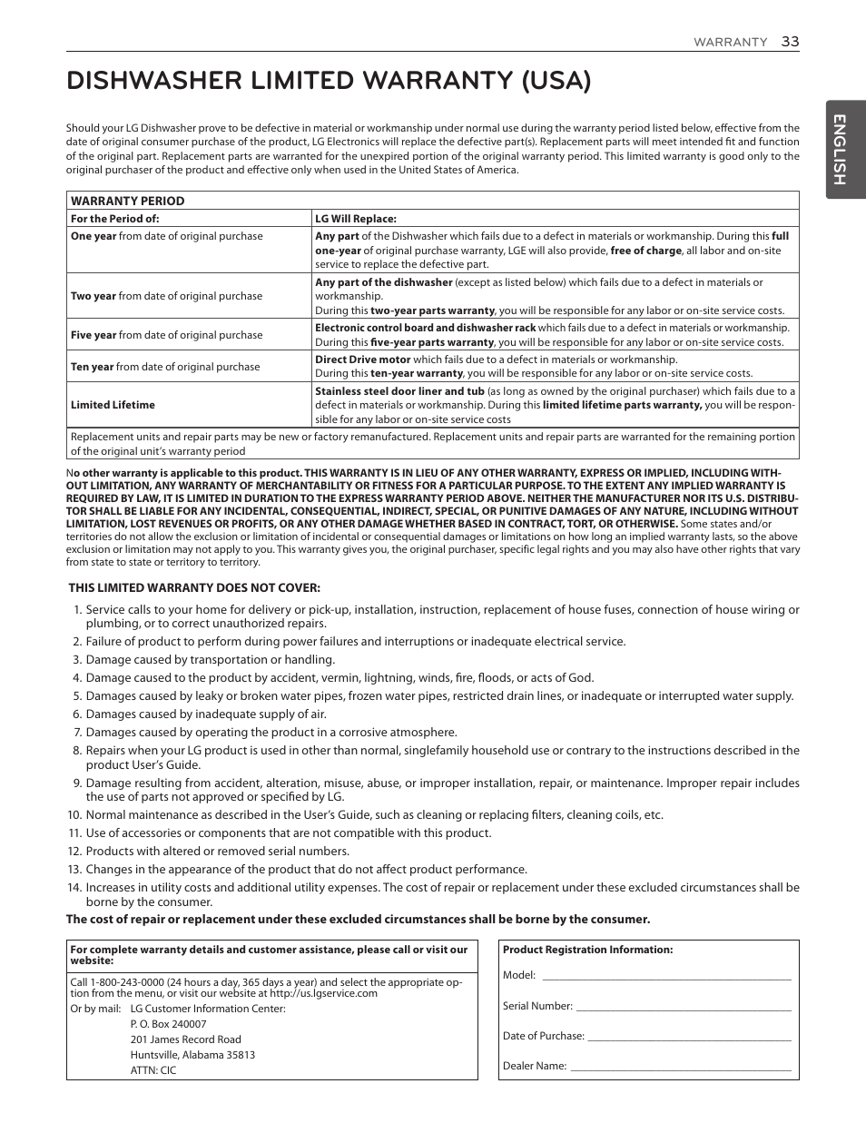 Dishwasher limited warranty (usa), English | LG LDS5774ST User Manual | Page 33 / 104