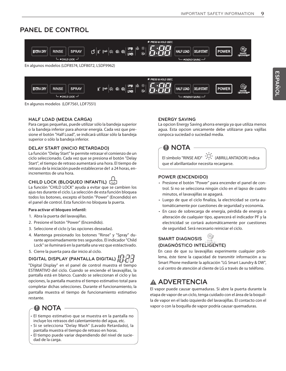 Panel de control, Nota, Advertencia | C;\miuૺ௻ຬ႞e | LG LDS5774ST User Manual | Page 43 / 104