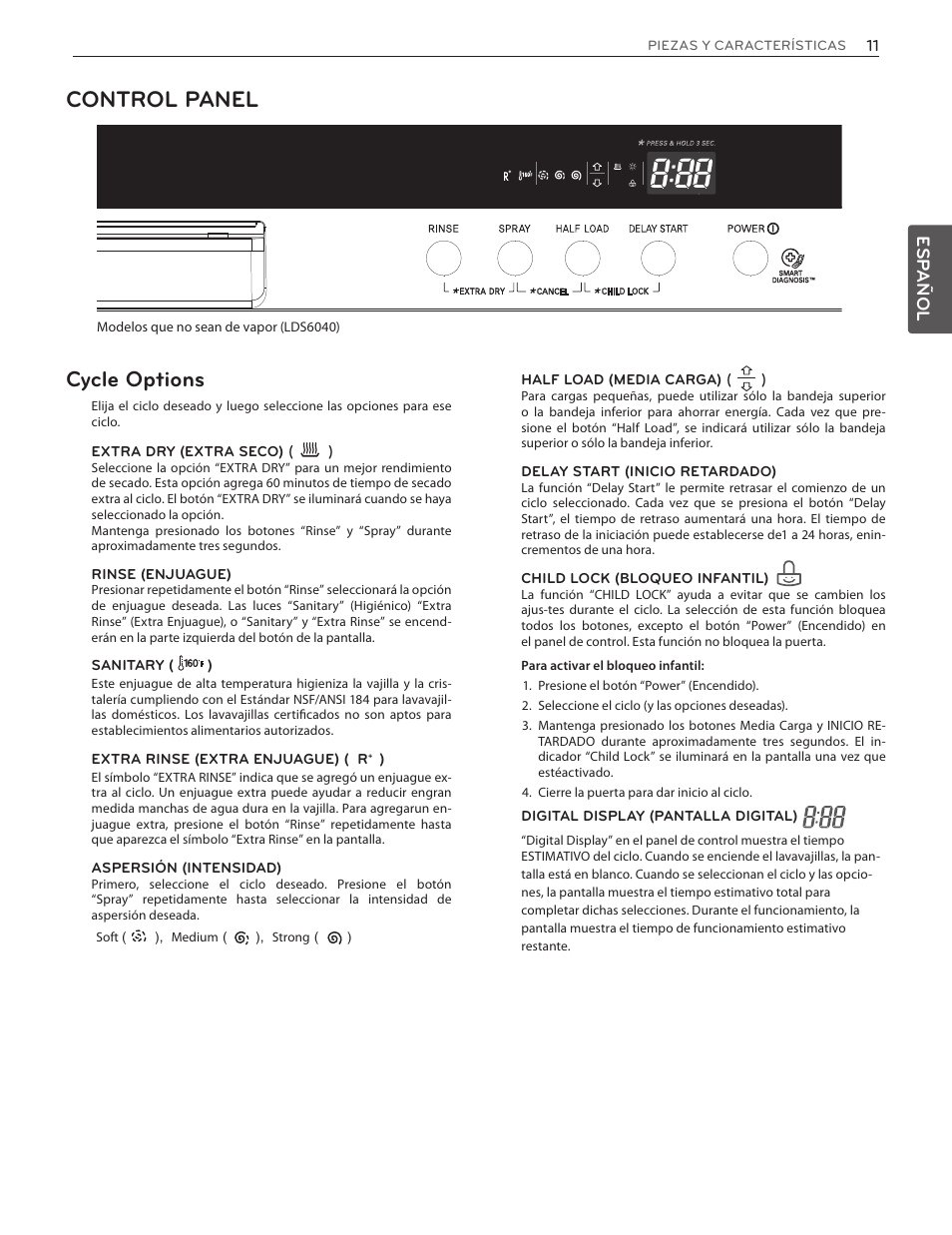 Control panel, Cycle options, Esp añol | LG LDS5774ST User Manual | Page 45 / 104