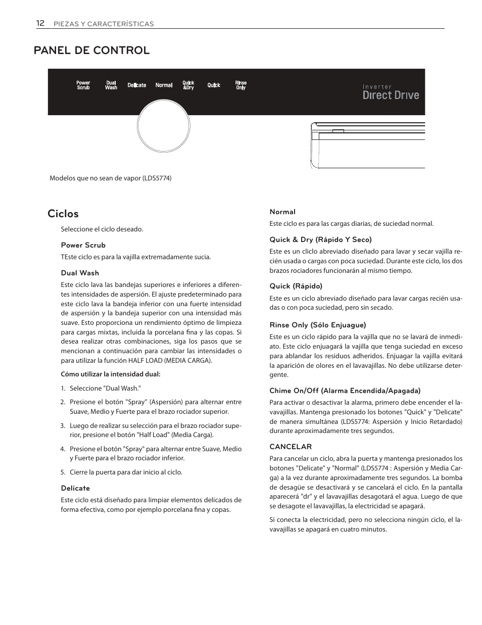 Panel de control, Ciclos | LG LDS5774ST User Manual | Page 46 / 104